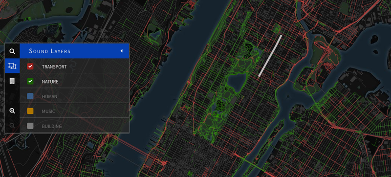Close-up map of New York City, showing just transport and nature sounds.